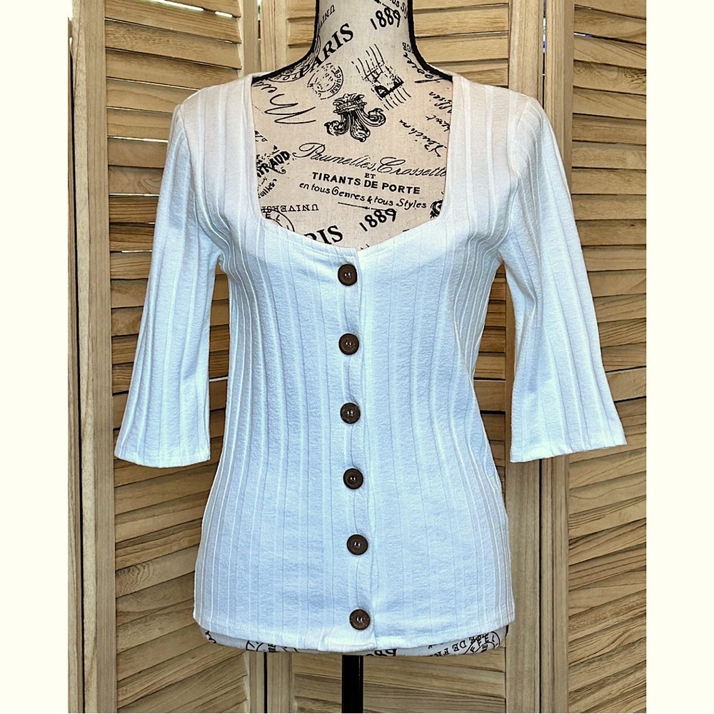 Free People Ivory Button-Front Ribbed Women's Half-Sleeve Lightweight Sweater